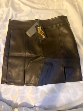 Brown Faux Leather Skirt with Front Slits